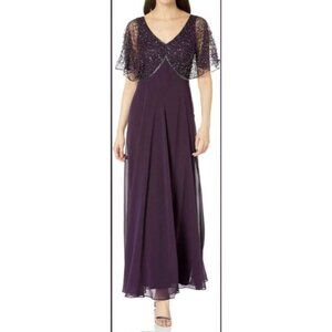 Jkara Womens Size 8 V-Neck Kimono Sleeve Empire Waist Beaded Long Evening Dress